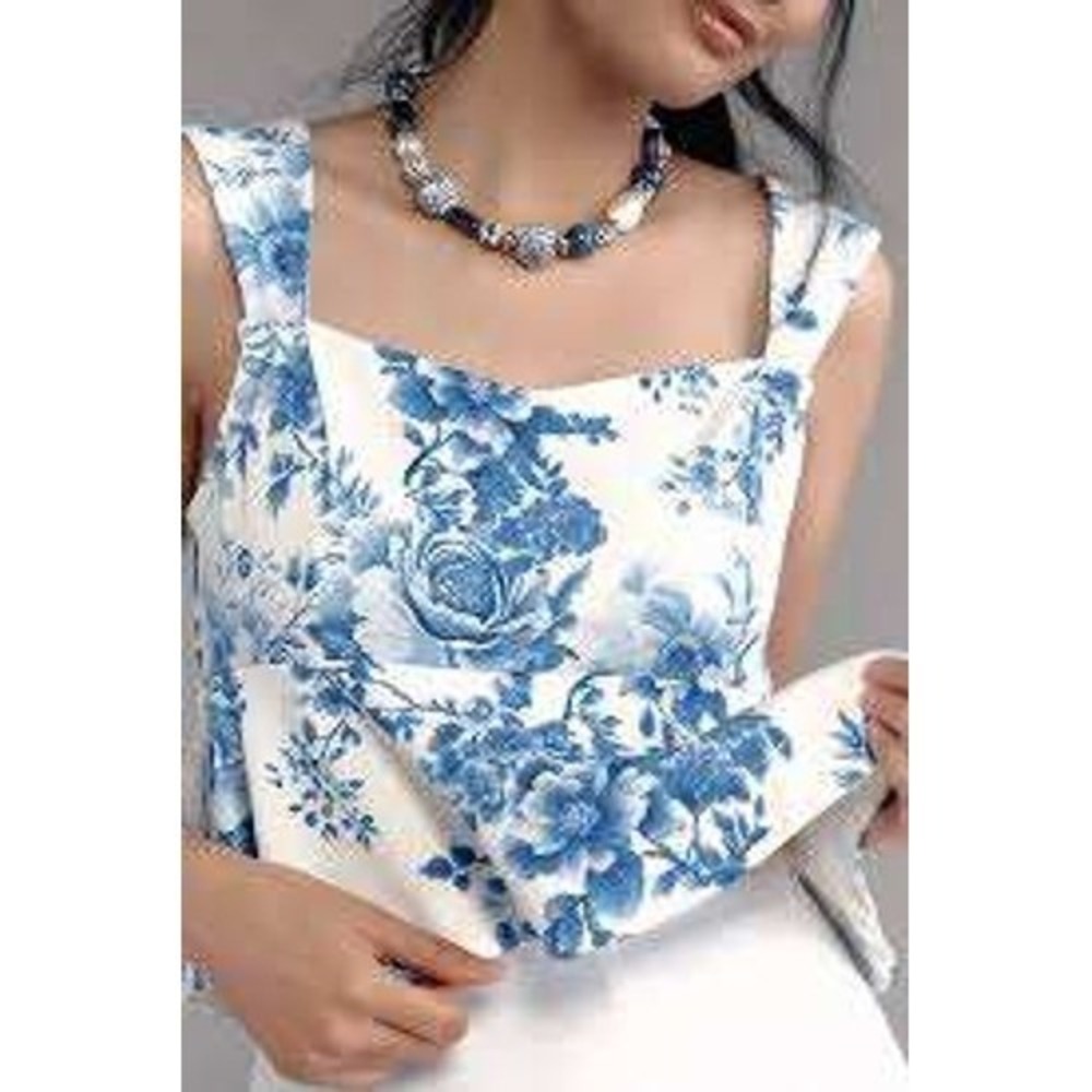 Maeve Anthropologie Blue White Floral Toile Peplum Women Top Sleeveless Blouse L
